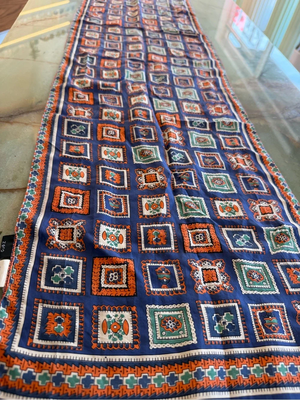 VTG zero Silk Satin Long Rectangle Scarf Geometric Blue Orange Green White 58x30